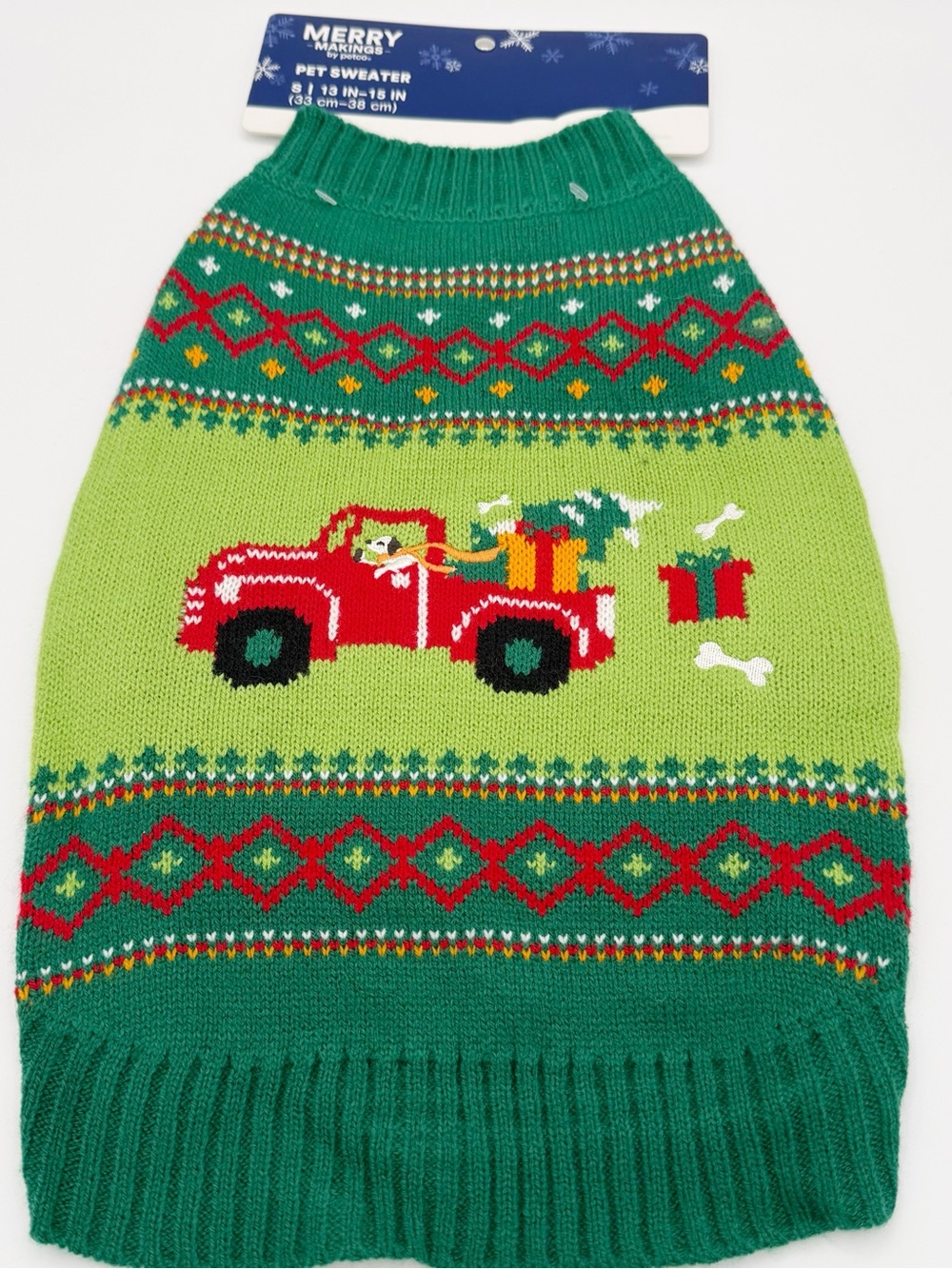 Merry Makings by Petco Green & Red Christmas Holiday Dog Sweater with Red Truck